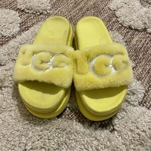 Ugg Bright Yellow Fuzzy Platform Slide Sandals size 6